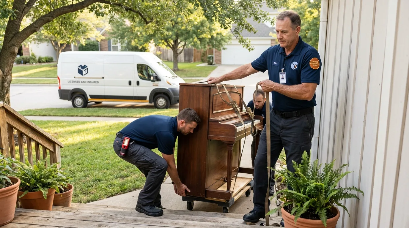 Licensed piano movers securing grand piano in Clayton, AL