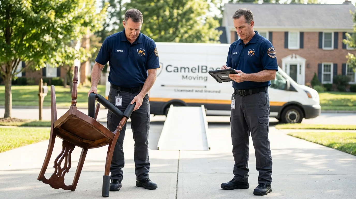 Movers inspecting furniture for damage prevention before loading in Clayton, AL