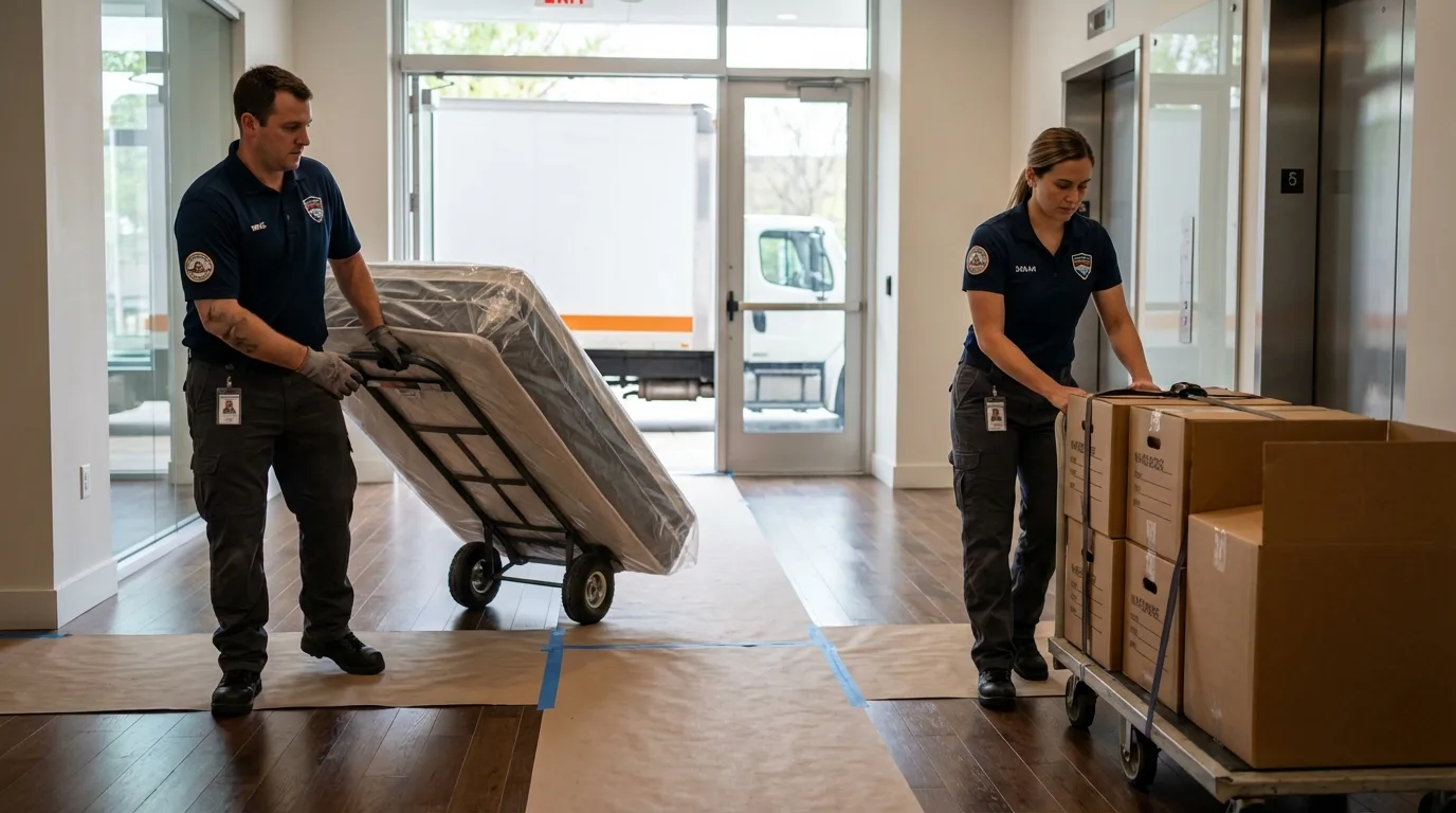 Professional apartment movers loading elevator in Clayton, AL